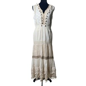 White Boho Tiered Maxi Dress Tassel Lace Pom Pom Embellished Gold Stripe